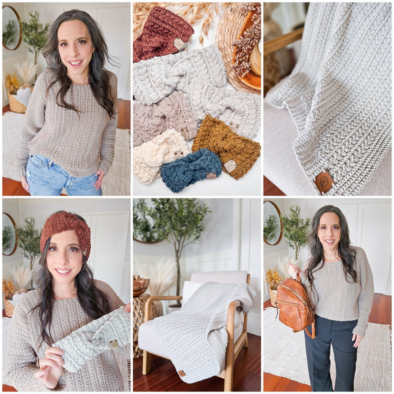 Cozy Wheat crochet pattern bundle: wheat stitch sweater, braided wheat blanket and twisted ear warmers