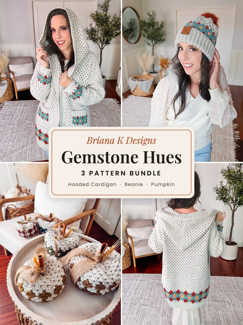 Gemstone Hues 3 pattern crochet bundle: hooded granny stitch cardigan, colorwork beanie and granny stitch pumpkins
