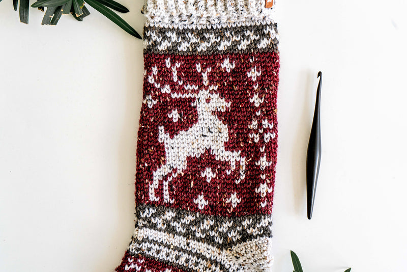 CROCHET PATTERN + VIDEO Prancing Deer Crochet Stocking Pattern Plus Charts. Christmas Stocking Holiday Crochet Decor