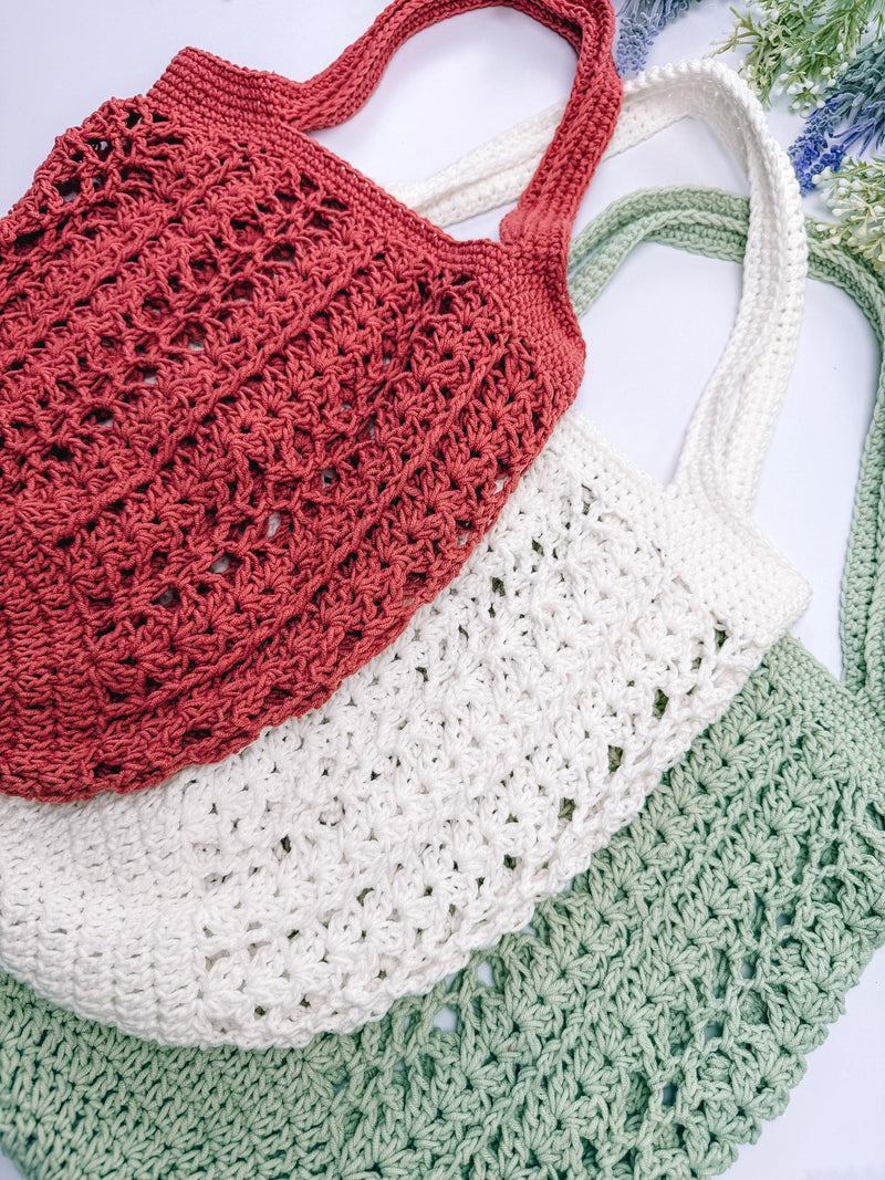 Willow Mesh crochet market bags in terracotta, cream and sage green