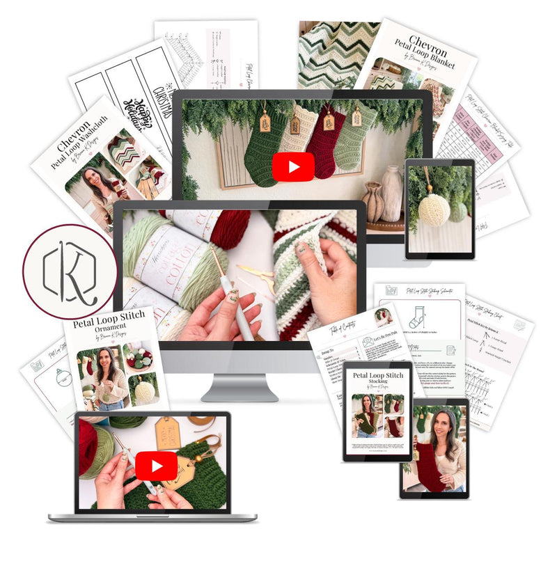 Pattern PDF pages, printable tags and screens showing crochet video tutorials for holiday decor