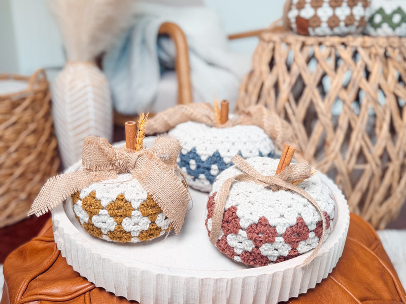 Diamond granny stitch crochet pumpkins in two sizes