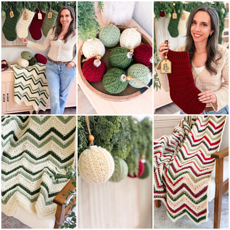 Petal Loop holiday crochet collection: Christmas stockings, chevron blankets and ornaments in green, red and cream