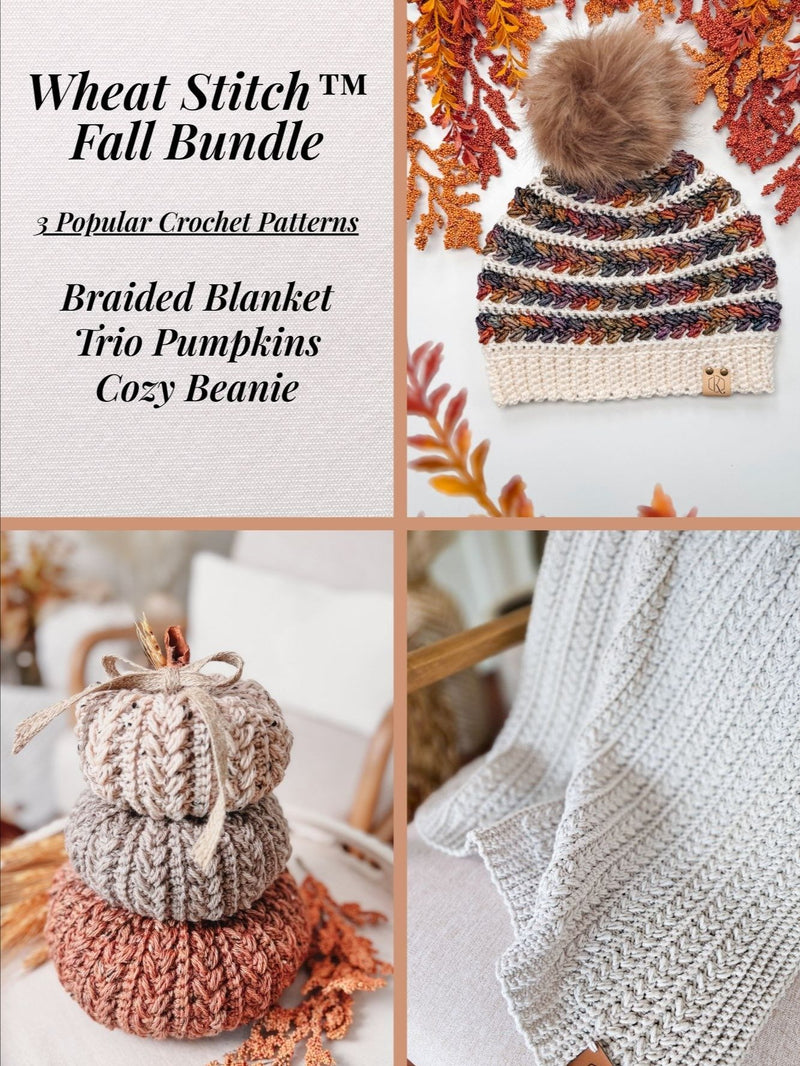 Fall crochet pattern bundle, bundle preview with the beanie, pumpkins and blanket