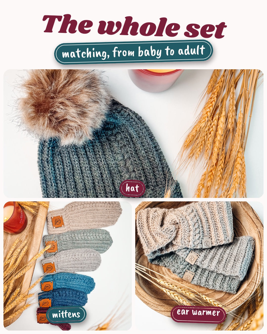 Autumn Wheat crochet hat, mittens and ear warmer set by Briana K Designs