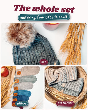 Autumn Wheat crochet hat, mittens and ear warmer set by Briana K Designs