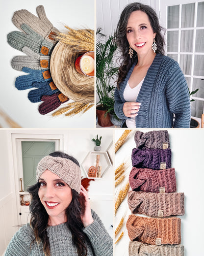 Crochet Cardigan, Mittens and Ear Warmer Pattern Bundle | Autumn Wheat Bundle Up Set | PDF + Video + App