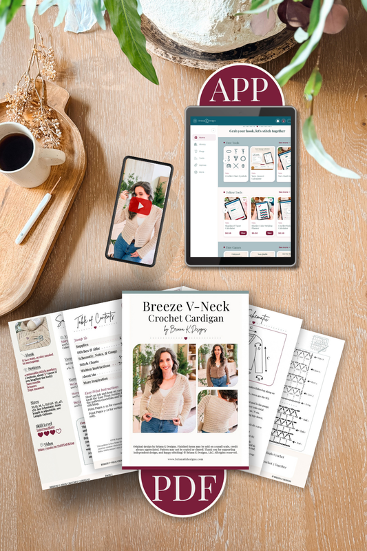 Pattern PDF pages, a tablet showing the app, and a phone showing the video tutorial for a beige crochet cardigan
