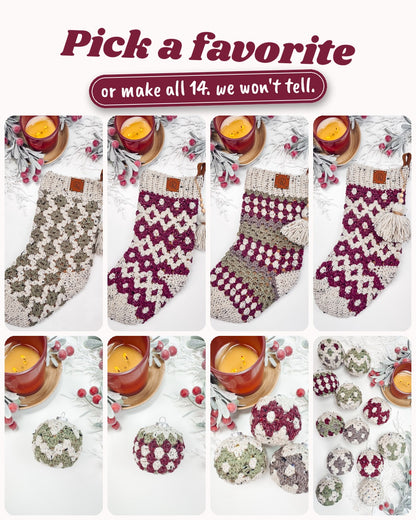 Granny All the Way crochet stockings and matching ornaments by Briana K Designs