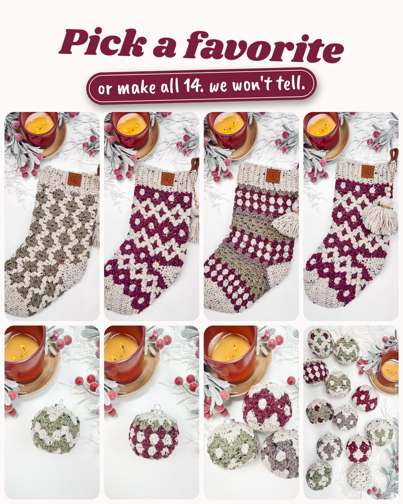 Granny All the Way crochet stockings and matching ornaments by Briana K Designs