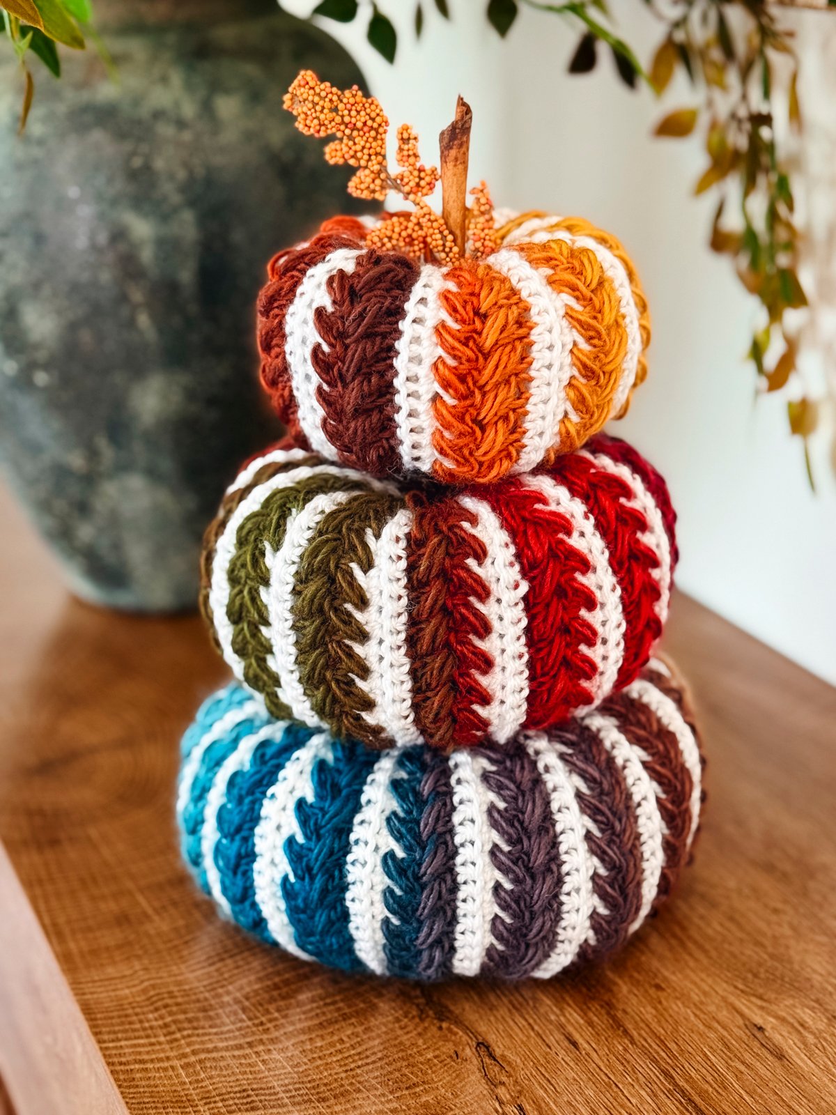 Fall crochet pattern bundle, striped Wheat Stitch pumpkin in blue and rust