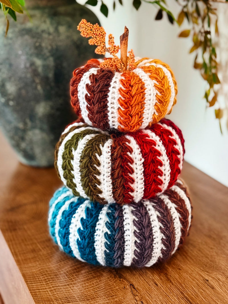 Fall crochet pattern bundle, striped Wheat Stitch pumpkin in blue and rust