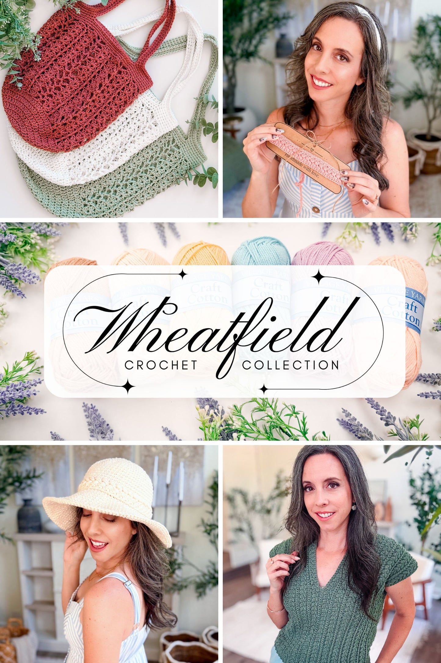 Collage of people wearing crocheted items with 'Wheatfield Crochet Collection' branding.