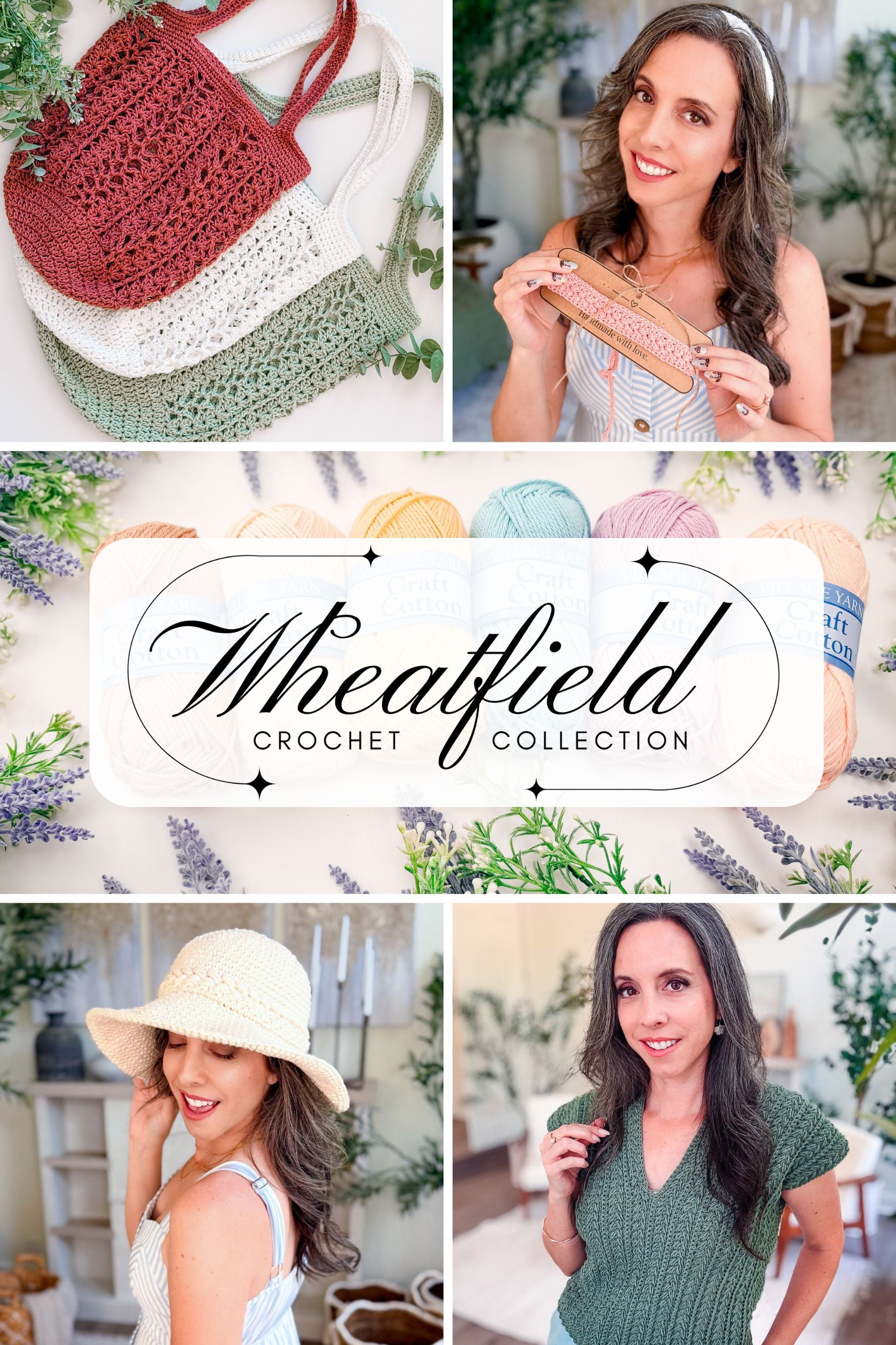 Collage of people wearing crocheted items with 'Wheatfield Crochet Collection' branding.