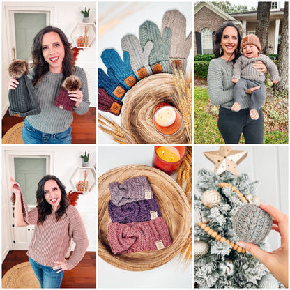 Autumn Wheat crochet collection: wheat stitch sweaters for adult and child, pom pom hats, mittens, ear warmers and ornament