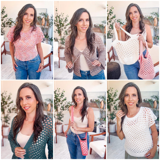 Circle Leaf crochet collection: mesh top, cardigan, market bag and water bottle holder in lacy circle stitch