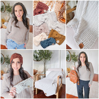Cozy Wheat crochet pattern bundle: wheat stitch sweater, braided wheat blanket and twisted ear warmers