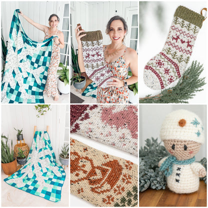 Create Your Holiday Style crochet course: colorwork Christmas stockings, patchwork blanket and snowman