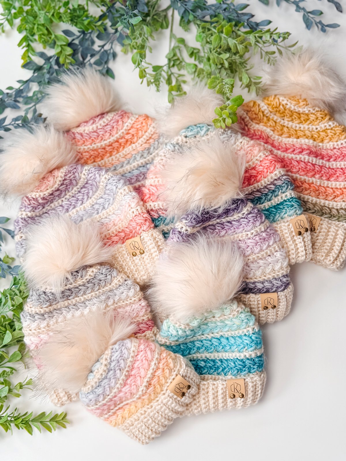 Fall crochet pattern bundle, Wheat Stitch beanies in pastel stripes