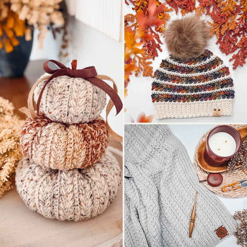 Fall crochet pattern bundle, Wheat Stitch stacking pumpkins, fall stripe beanie and Braided Wheat blanket