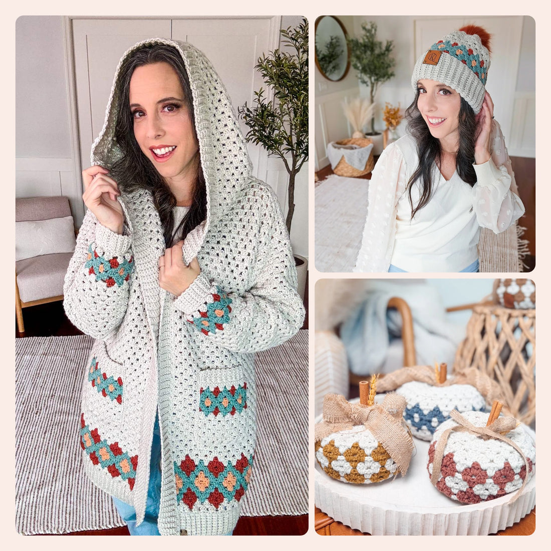 Crochet Pattern Bundle: Gemstone Hues Hooded Cardigan, Beanie and Fall Pumpkin