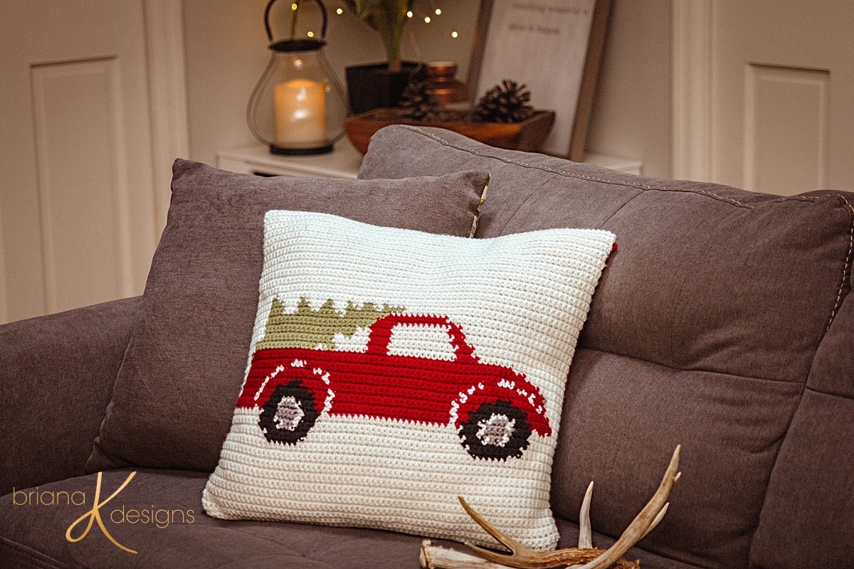 CROCHET PATTERN Farmhouse Truck Pillow Cover Christmas Decor, Instant Download PDF Pattern, Includes Chart, Holiday Decor Crochet Pattern