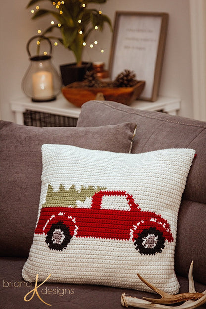 CROCHET PATTERN Farmhouse Truck Pillow Cover Christmas Decor, Instant Download PDF Pattern, Includes Chart, Holiday Decor Crochet Pattern