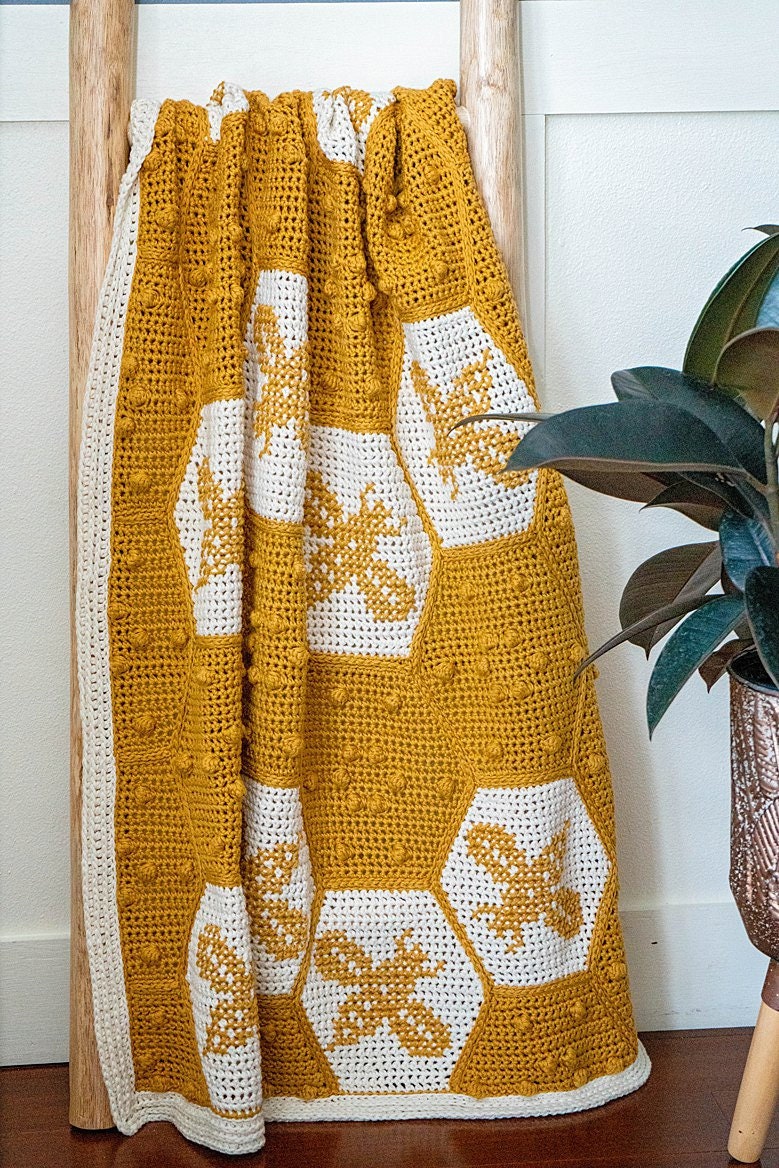 CROCHET PATTERN Honey Bee Crochet Blanket Instant Download PDF Pattern, Home Decor, Hexagon Quilt Style Crochet