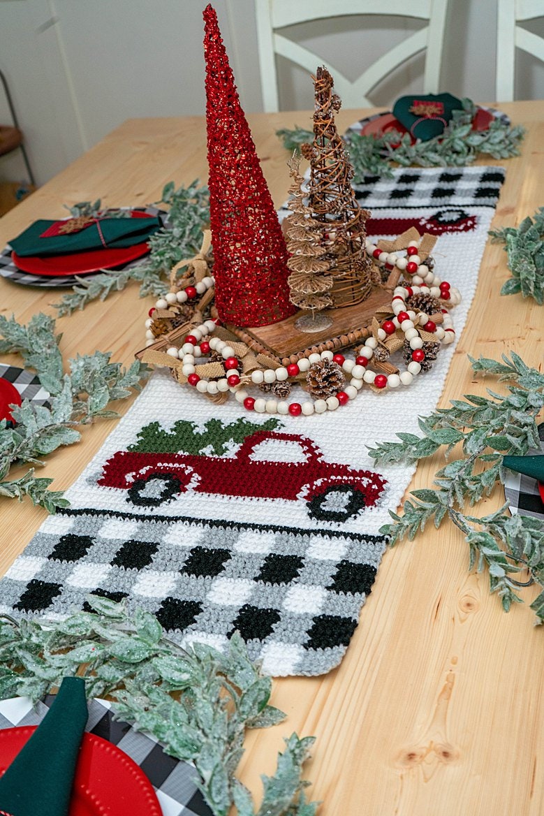 CROCHET PATTERN + VIDEO Red Christmas Truck Table Runner Crochet Pattern, Includes Chart, Holiday Christmas Decor Crochet Pattern