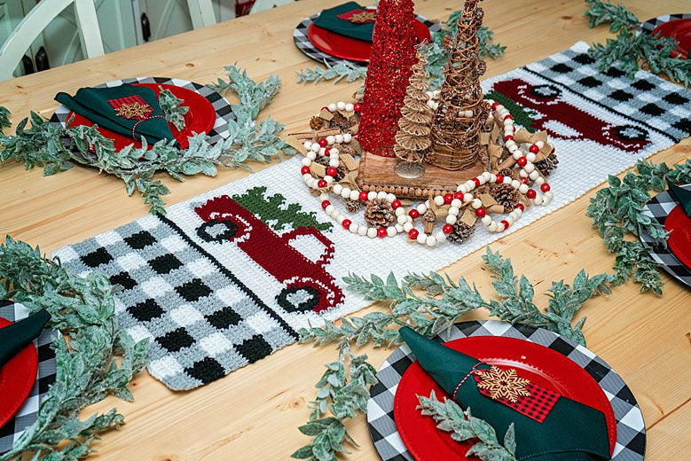 CROCHET PATTERN + VIDEO Red Christmas Truck Table Runner Crochet Pattern, Includes Chart, Holiday Christmas Decor Crochet Pattern