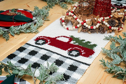 CROCHET PATTERN + VIDEO Red Christmas Truck Table Runner Crochet Pattern, Includes Chart, Holiday Christmas Decor Crochet Pattern