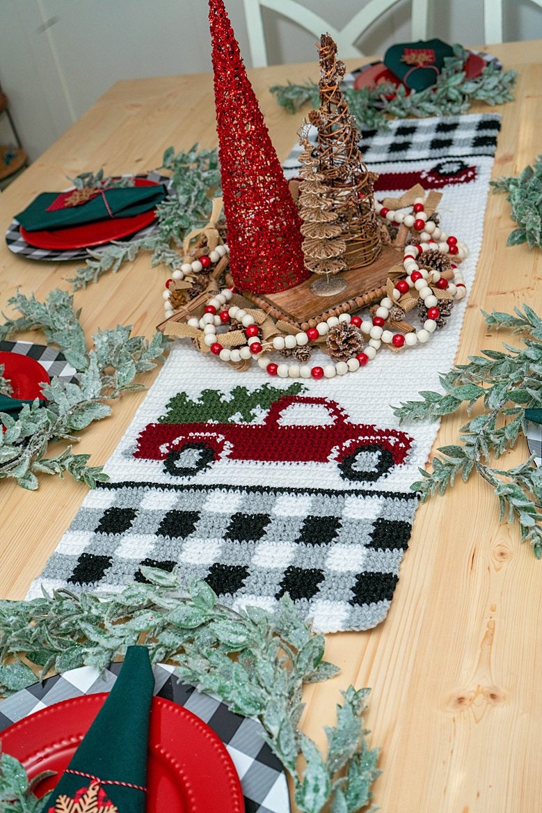 CROCHET PATTERN + VIDEO Red Christmas Truck Table Runner Crochet Pattern, Includes Chart, Holiday Christmas Decor Crochet Pattern