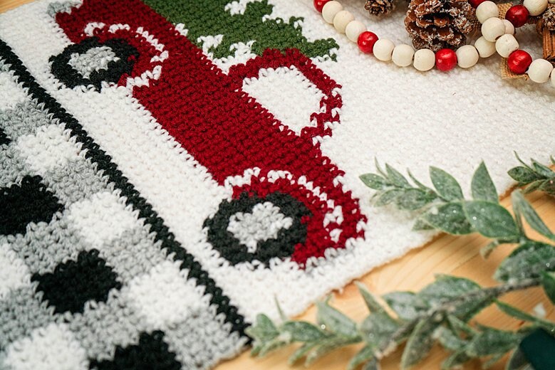 CROCHET PATTERN + VIDEO Red Christmas Truck Table Runner Crochet Pattern, Includes Chart, Holiday Christmas Decor Crochet Pattern