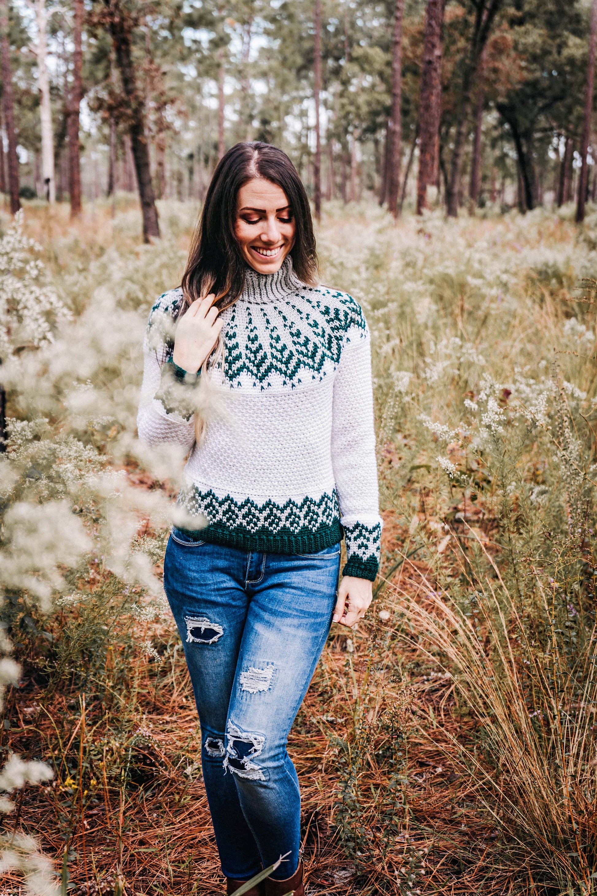 CROCHET PATTERN + VIDEO Cozy Fair Isle Pine Crochet Sweater Pattern with Charts, xs-5X Sizes, Winter Pullover Crochet Pattern Colorwork