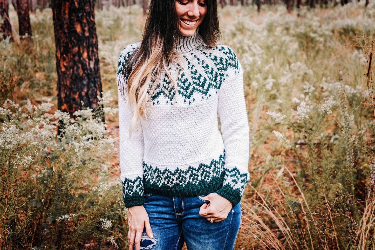 CROCHET PATTERN + VIDEO Cozy Fair Isle Pine Crochet Sweater Pattern with Charts, xs-5X Sizes, Winter Pullover Crochet Pattern Colorwork