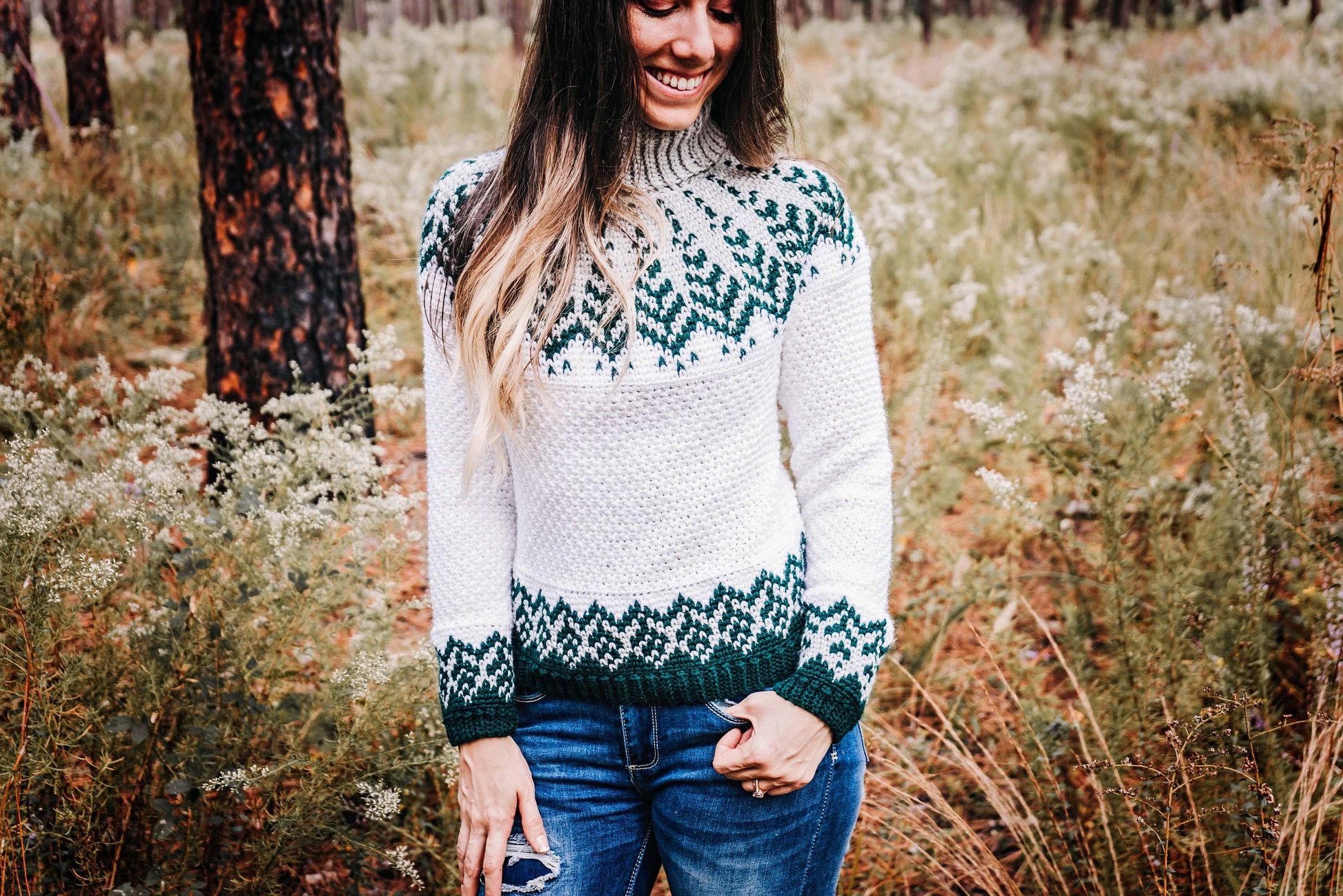 CROCHET PATTERN + VIDEO Cozy Fair Isle Pine Crochet Sweater Pattern with Charts, xs-5X Sizes, Winter Pullover Crochet Pattern Colorwork