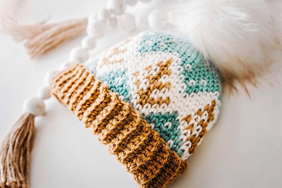 CROCHET PATTERN + VIDEO Fair Isle Crochet Hat Pattern, Baby (Toddler, Child/Small Adult, Adult), easy to follow colorwork crochet pattern.