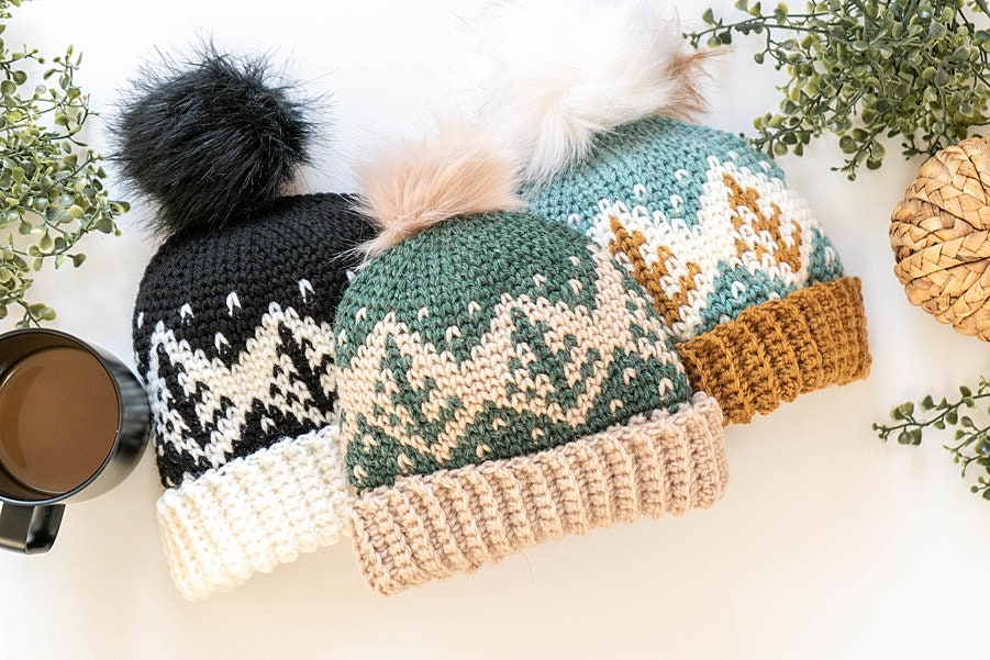 CROCHET PATTERN + VIDEO Fair Isle Crochet Hat Pattern, Baby (Toddler, Child/Small Adult, Adult), easy to follow colorwork crochet pattern.