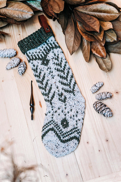 CROCHET PATTERN + VIDEO White Spruce Crochet Christmas Stocking Pattern, Christmas Stocking Crochet Pattern + Crochet Colorwork