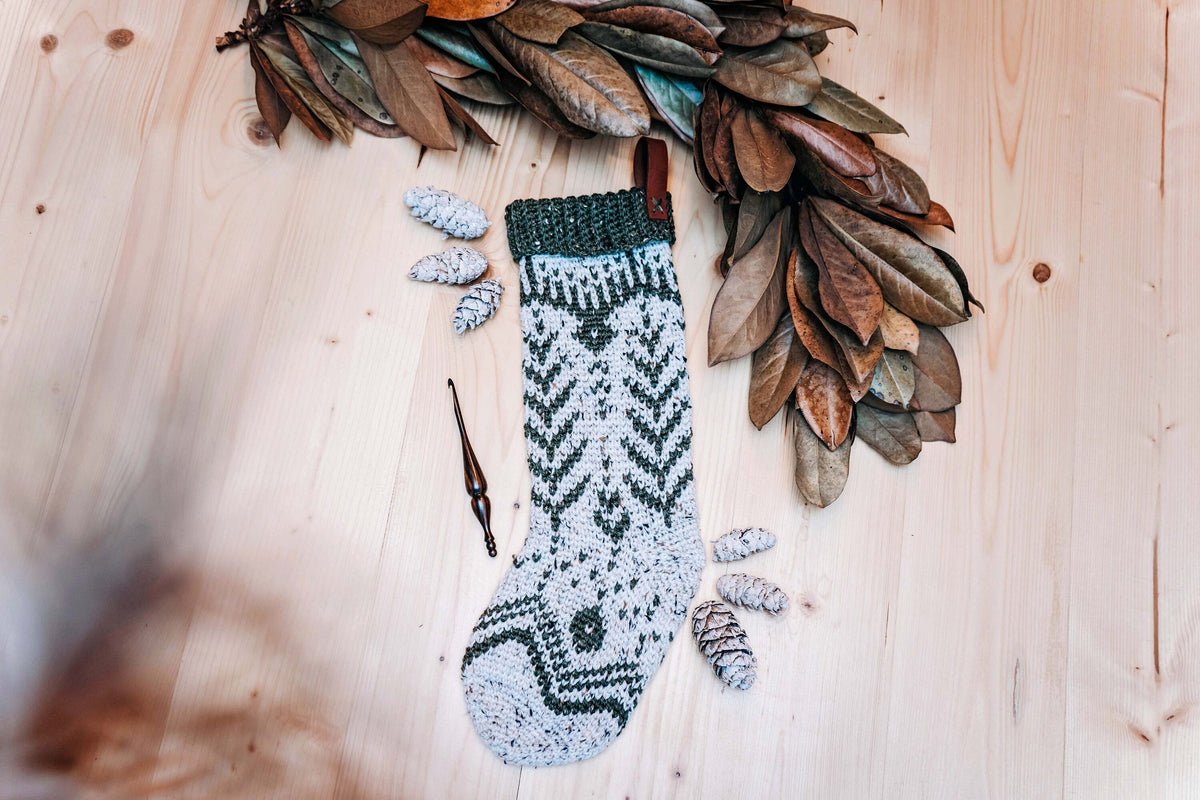 CROCHET PATTERN + VIDEO White Spruce Crochet Christmas Stocking Pattern, Christmas Stocking Crochet Pattern + Crochet Colorwork