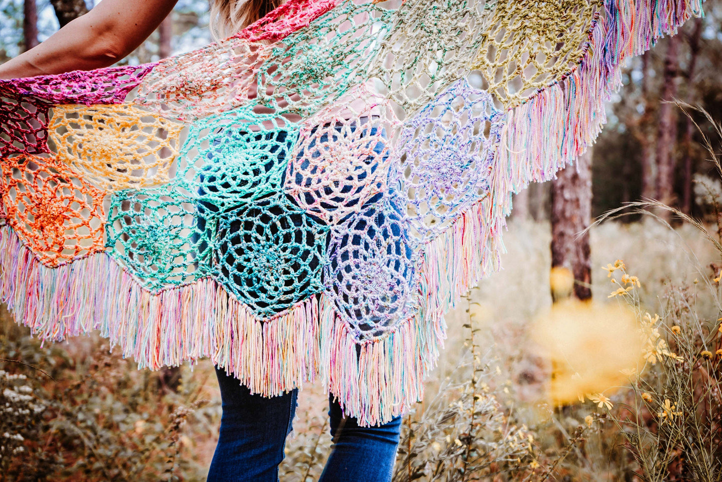 CROCHET PATTERN + VIDEO Stash Buster Crochet Motif Butterfly Shawl, Crochet Shawl with Video Instruction, Hexagon Motif Join as You Go