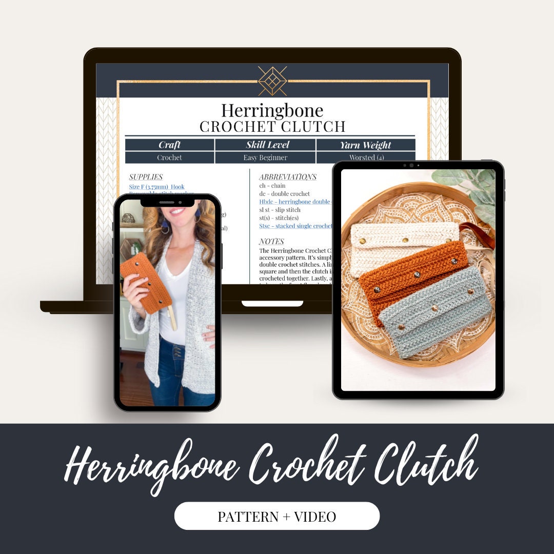 CROCHET PATTERN + VIDEO Herringbone Crochet Clutch Pattern. Make this easy and beginner crochet clutch accessory. Video tutorial included.