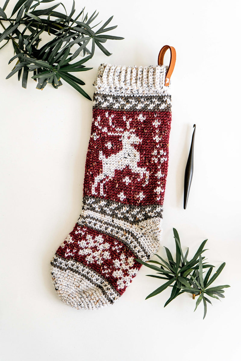 CROCHET PATTERN + VIDEO Prancing Deer Crochet Stocking Pattern Plus Charts. Christmas Stocking Holiday Crochet Decor