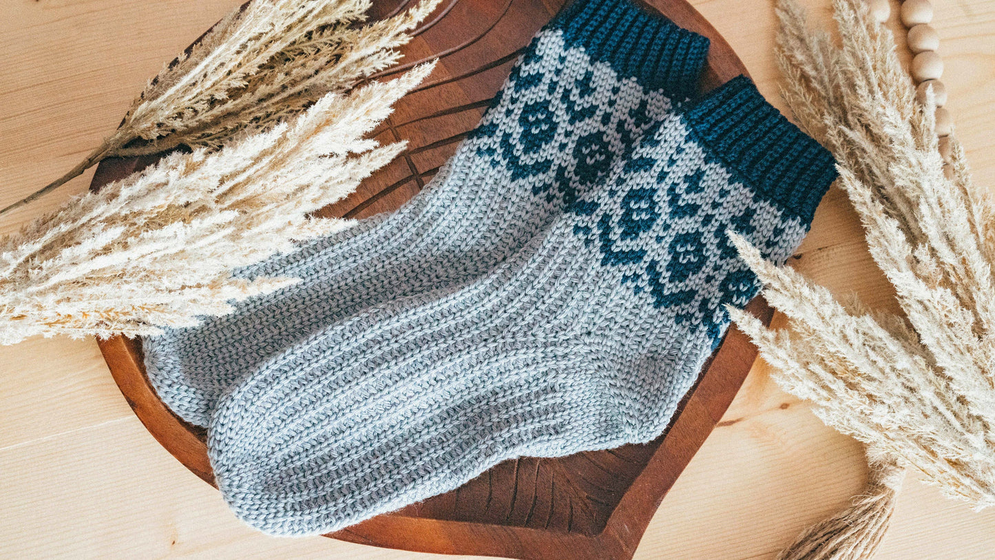 CROCHET PATTERN + VIDEO Woodland Walker Colorwork Crochet Sock Pattern, Easy to follow crochet pattern with video, intermediate crochet