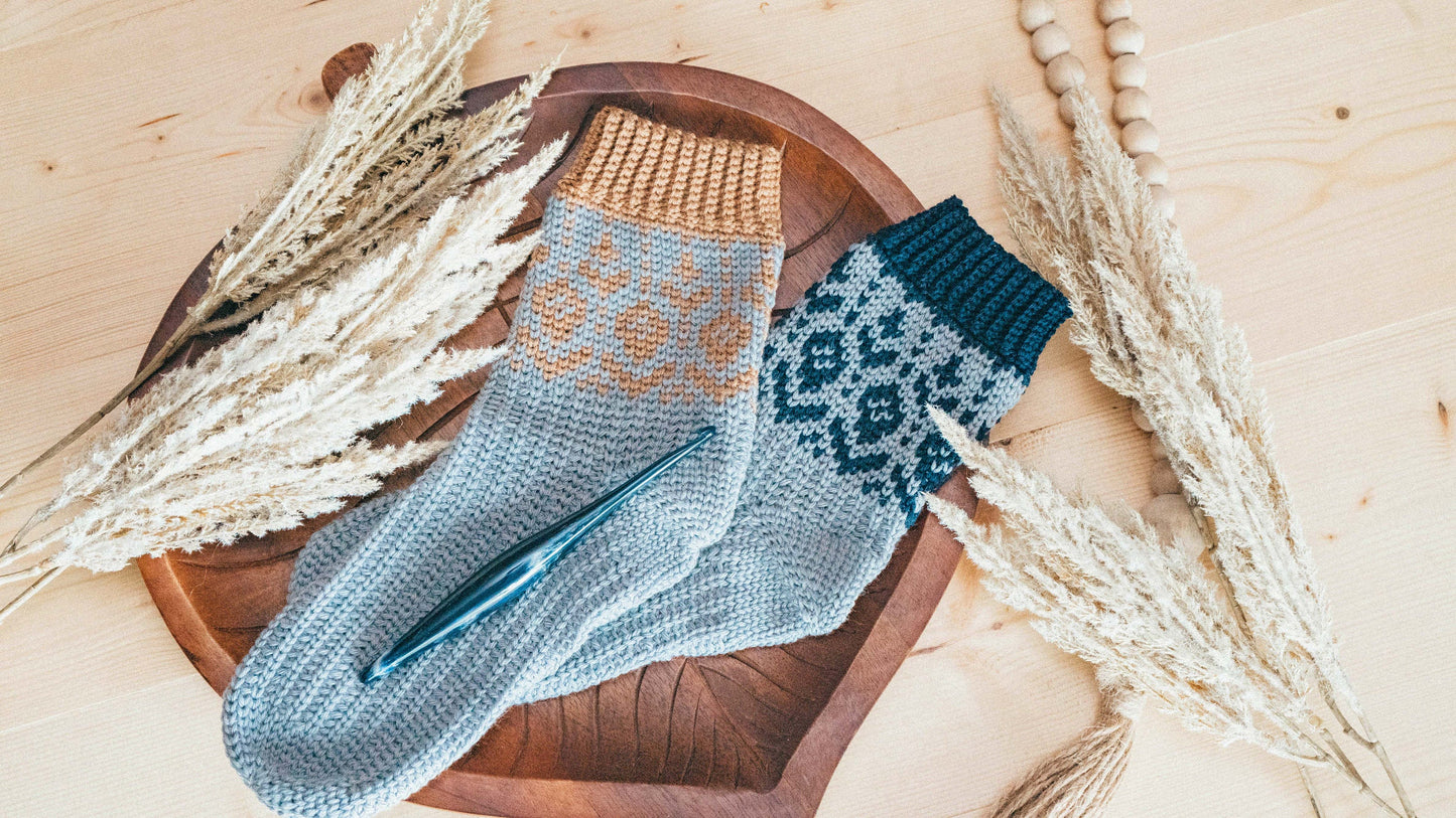 CROCHET PATTERN + VIDEO Woodland Walker Colorwork Crochet Sock Pattern, Easy to follow crochet pattern with video, intermediate crochet