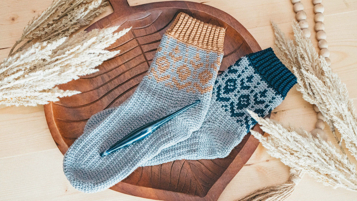 CROCHET PATTERN + VIDEO Woodland Walker Colorwork Crochet Sock Pattern, Easy to follow crochet pattern with video, intermediate crochet