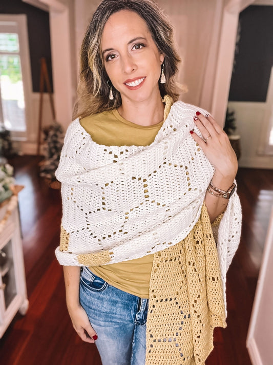 CROCHET PATTERN + VIDEO Modern Honeycomb Shawl Wrap, Easy Filet Crochet, Women's Accessory, Easy Beginner Pattern with Chart, 2 sizes.