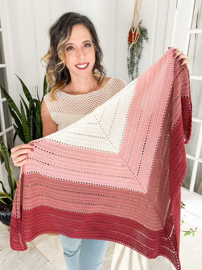 CROCHET PATTERN + VIDEO Pretty in Pink Triangle Crochet Pattern + Charts, Beginner Triangle Crochet Shawl