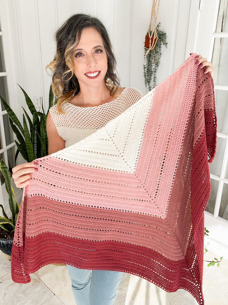 CROCHET PATTERN + VIDEO Pretty in Pink Triangle Crochet Pattern + Charts, Beginner Triangle Crochet Shawl