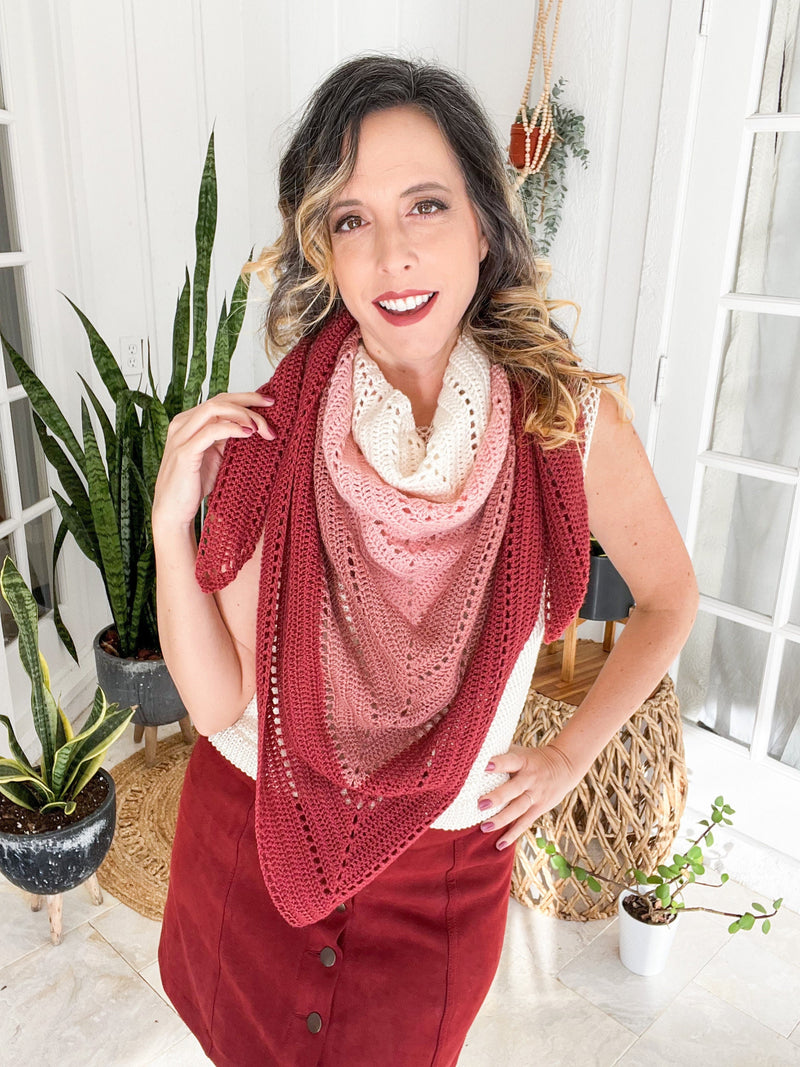 CROCHET PATTERN + VIDEO Pretty in Pink Triangle Crochet Pattern + Charts, Beginner Triangle Crochet Shawl